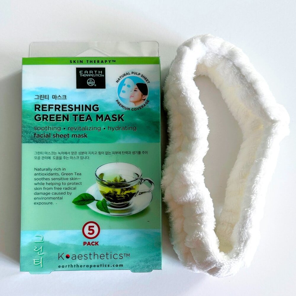 EARTH THERAPEUTICS Korean Face Sheet Masks w/ Spa Headwrap Bundle NWT